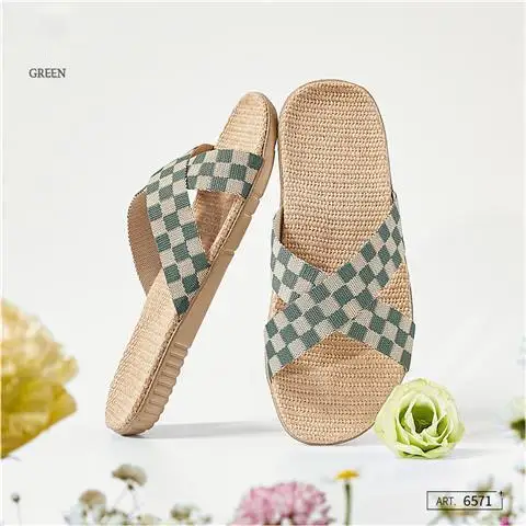 Women Indoor House Slippers Summer Linen Silent Sweat Absorption Slides Fluffy Cross  Female Flax Belt Bedroom Home Casual Shoe