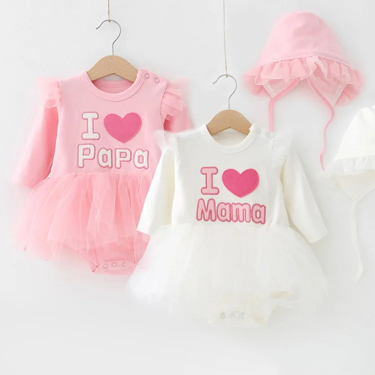 Newborn Baby Girl Romper with Tulle for Autumn Fashion Pink White I love MAMA I Love PAPA Cotton Bodysuit+ Hat Baptism Outfit