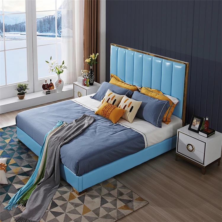 Modern luxury design bedroom furniture sets custom color size solid wooden frame high glossy leather bed
