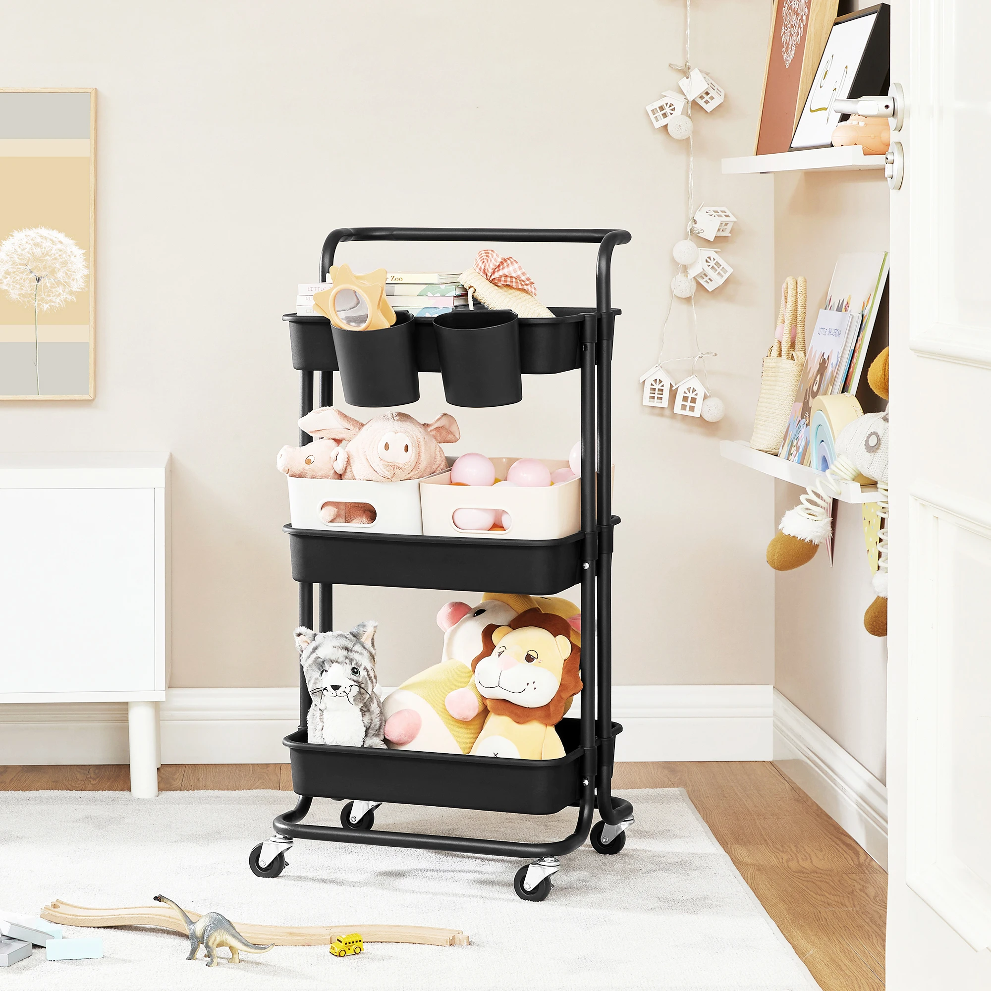SONGMICS Rolling Cart with Plastic Storage Trolley with Handle Baskets 3-Tier Storage Cart for Bathroom Laundry Room