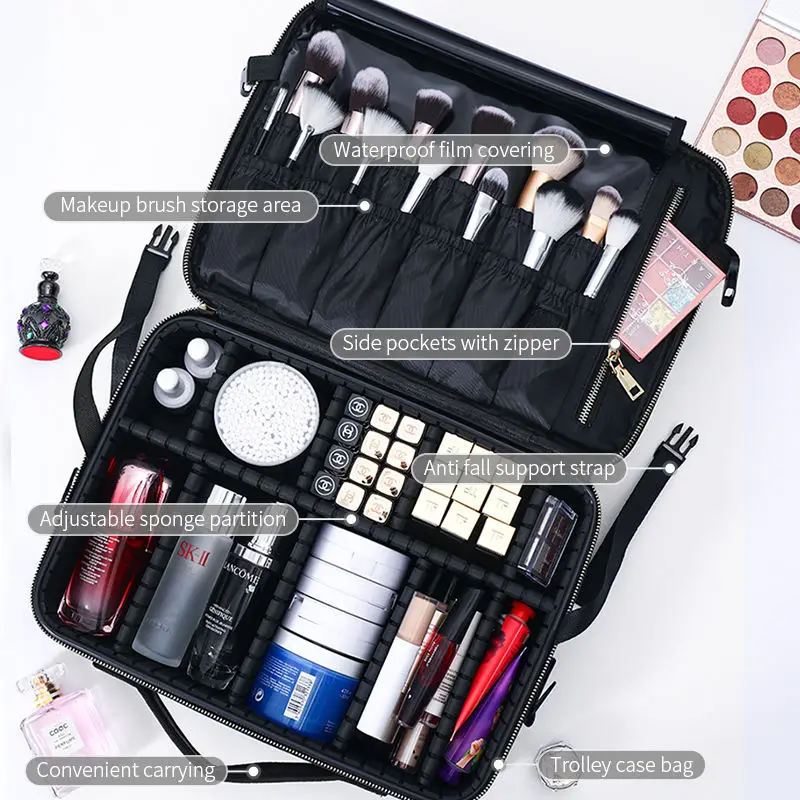 Large capacity travel portable professional make up storage cosmetic brush organizer makeup kit artist train case bag for women