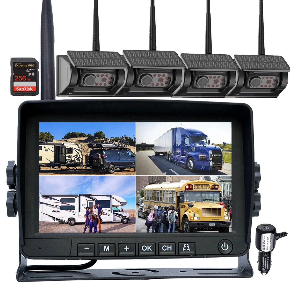 iPoster factory supply 7in Digital Wireless quad view IPS Monitor HD Backup Reversing magnetic Solar Recharge battery Camera kit