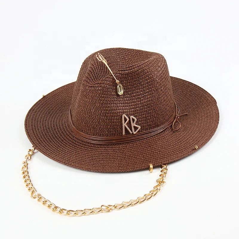 Women Fashion Retro Paper Braid Straw Panama Hat with Metal Words Pin Ring and Chain Chin Strap
