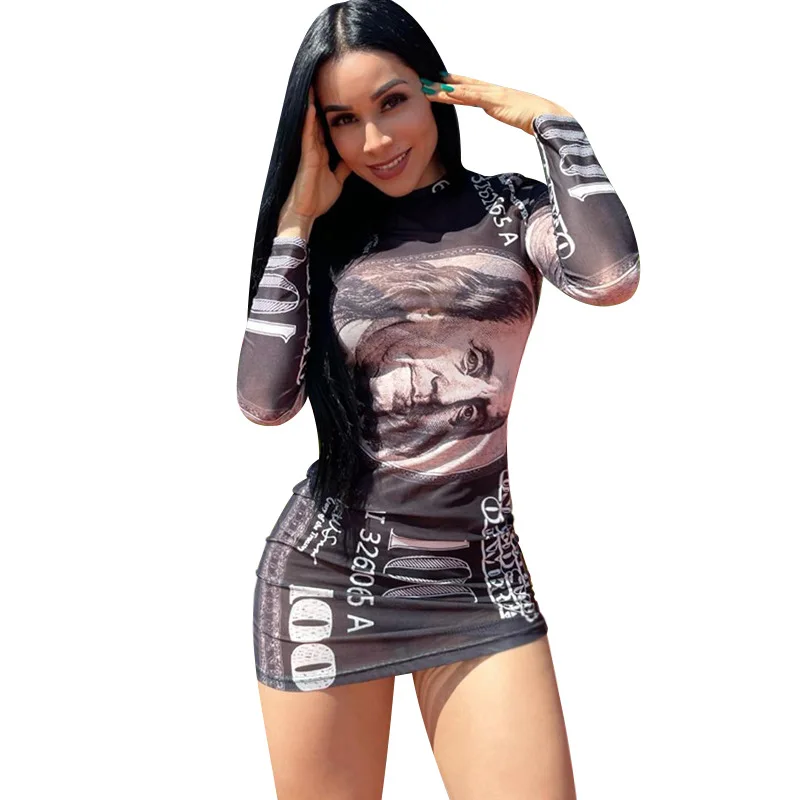 2022 Trendy Sexy Dollar Print Dresses Women Bodycon Girls Skirt long sleeve Women bodycon mini dress spring Casual Dresses