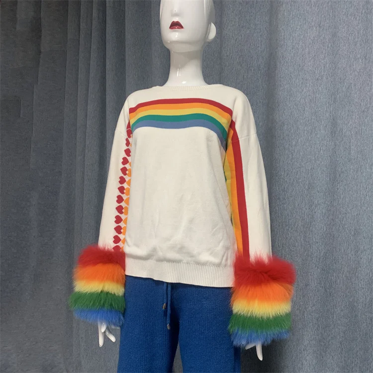 Spring fashion girls lovely real fur sweater custom rainbow color cuff designer popular women sweater