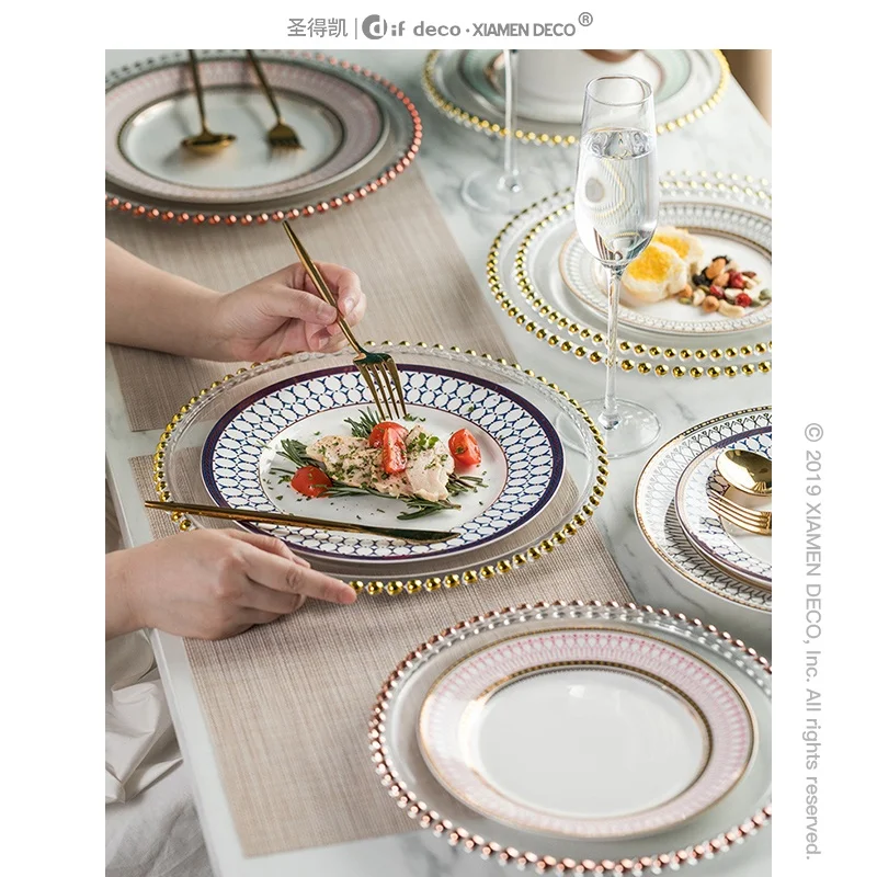 European style glass bead point gold plated western plate steak plate restaurant plates ceramic