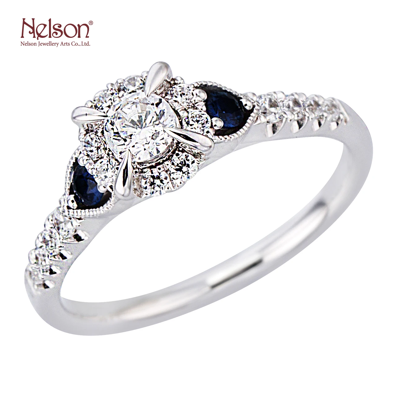 Wholesale price OEM ODM Genuine Diamond Antique Anniversary 18K 750 White Real Diamond Natural Blue Sapphire Mounting Halo Ring