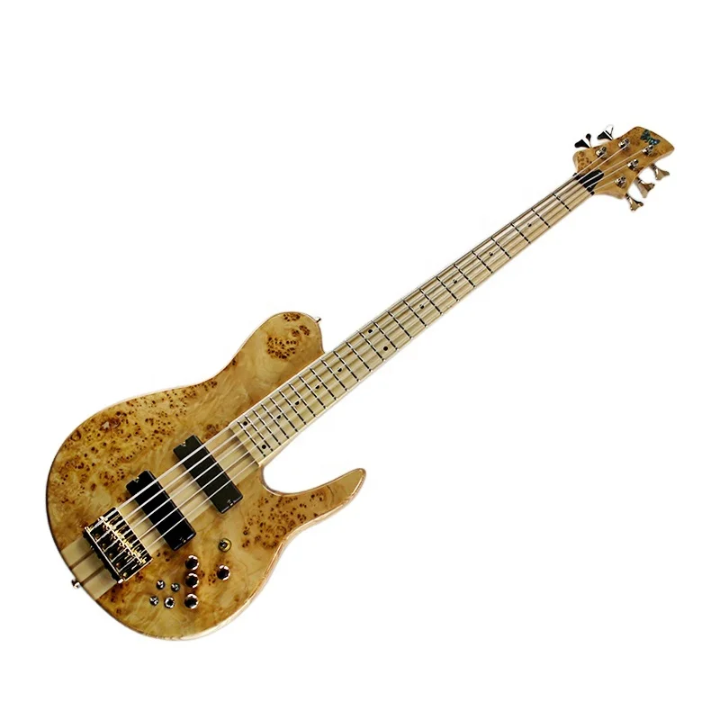 Flyoung Natural Wood Color Bass 5 Strings Electric Bass Guitar Neck Through Body Bass Guitar