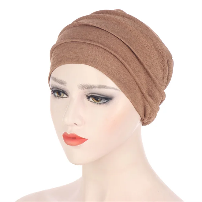 THB-8D854  2021 New Elastic Fashion Turban Hat Solid Color Women Headscarf Bonnet Inner Hijabs Cap Muslim Hijab femme Wrap Head