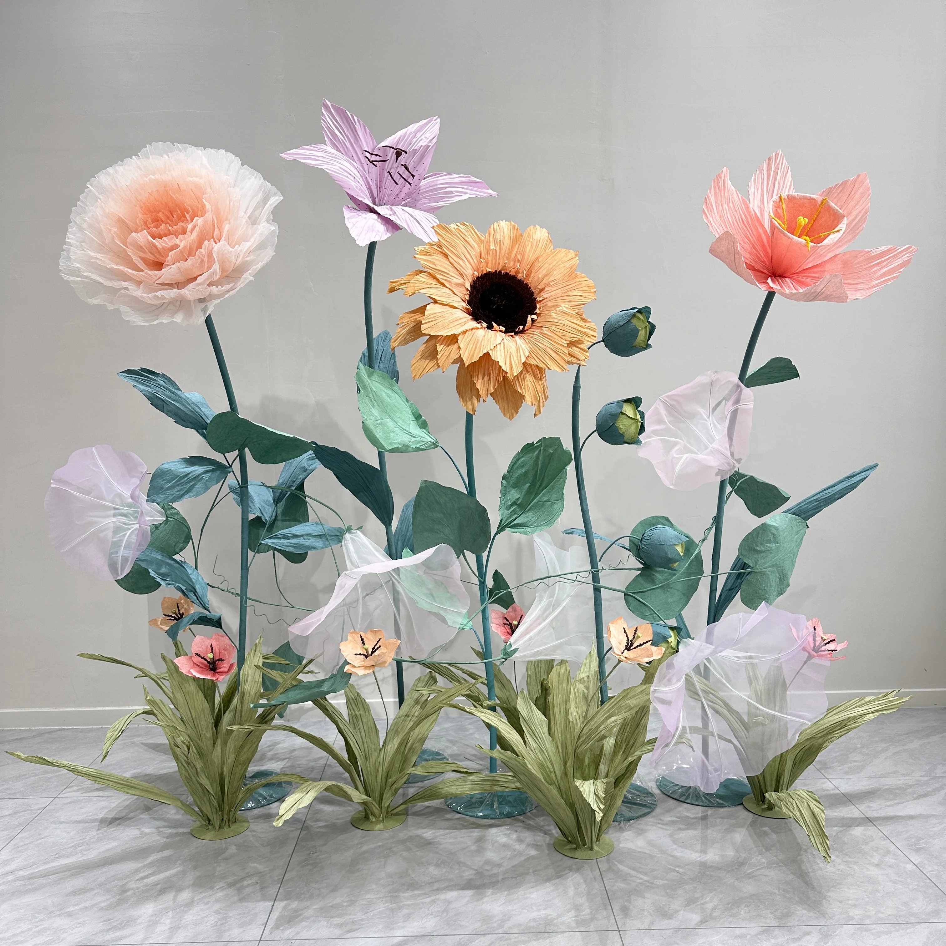 H-678 Big Free Standing Flowers Giant Paper Organza Poppy Flower Set For Indoor Wedding Event Decoration