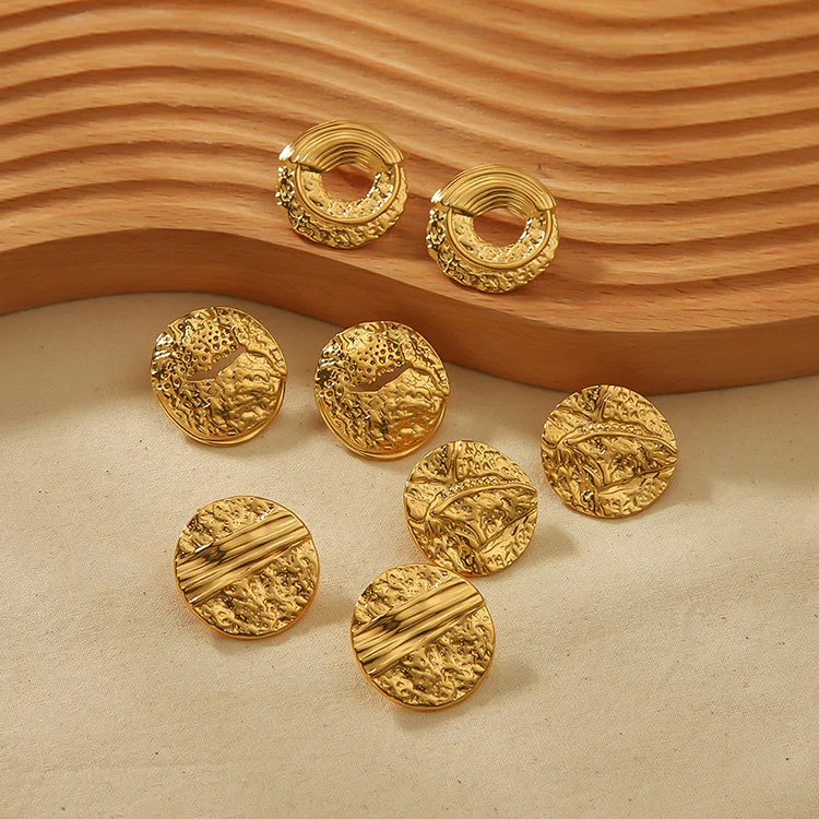 New Styles Round Corrosion Stud Earrings 18K PVD Gold Plated Vintage Wrinkle Stainless Steel Earrings Wholesale