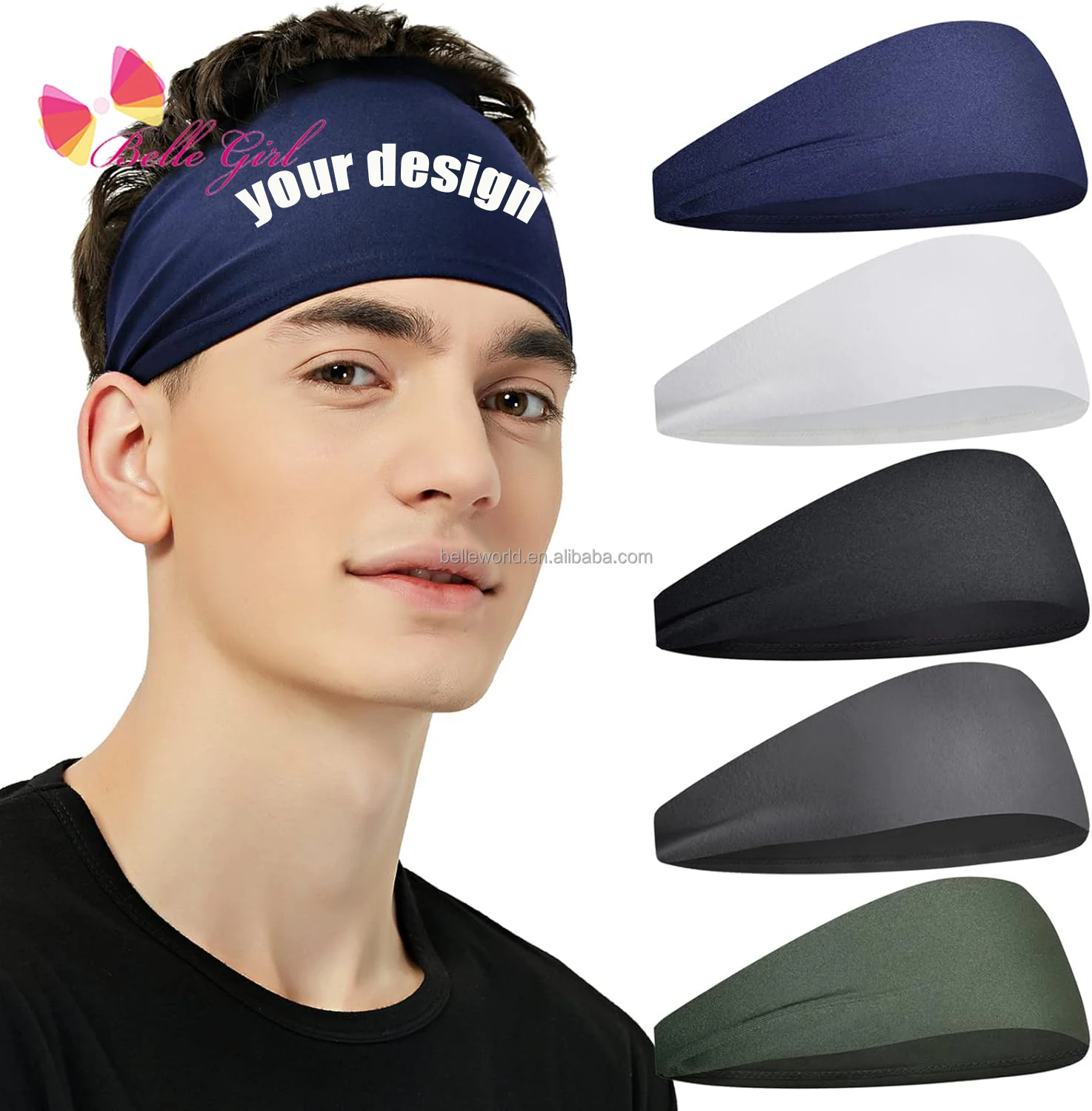 BELLEWORLD Custom printing logo fitness sport headband men gym running elastic sports headbands for unisex