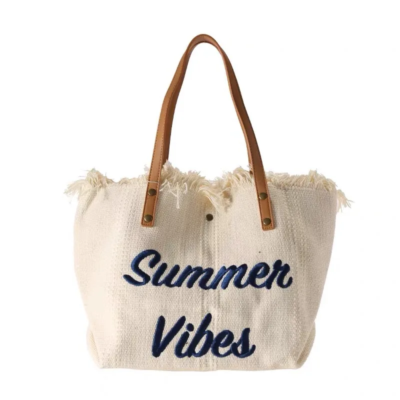 New Style Yellow Green Purple Tassel Fringe Large Capacity Summer Beach Recyclable Eco Canvas Tote Beach Shopping Bags