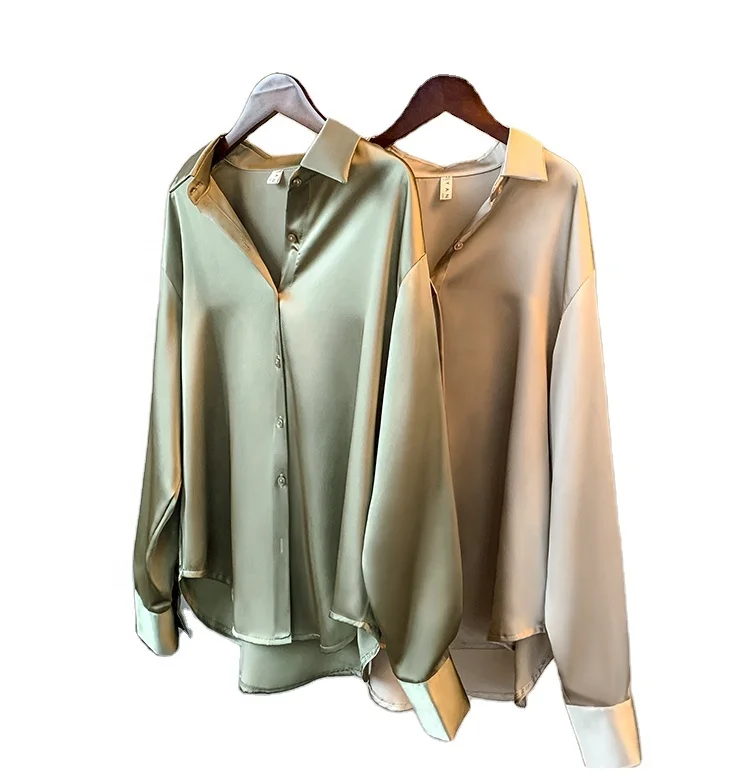 Breathable Solid Silk Women Blouse Ladies Long Sleeve Satin Shirts V Neck Office Blouse Shirt