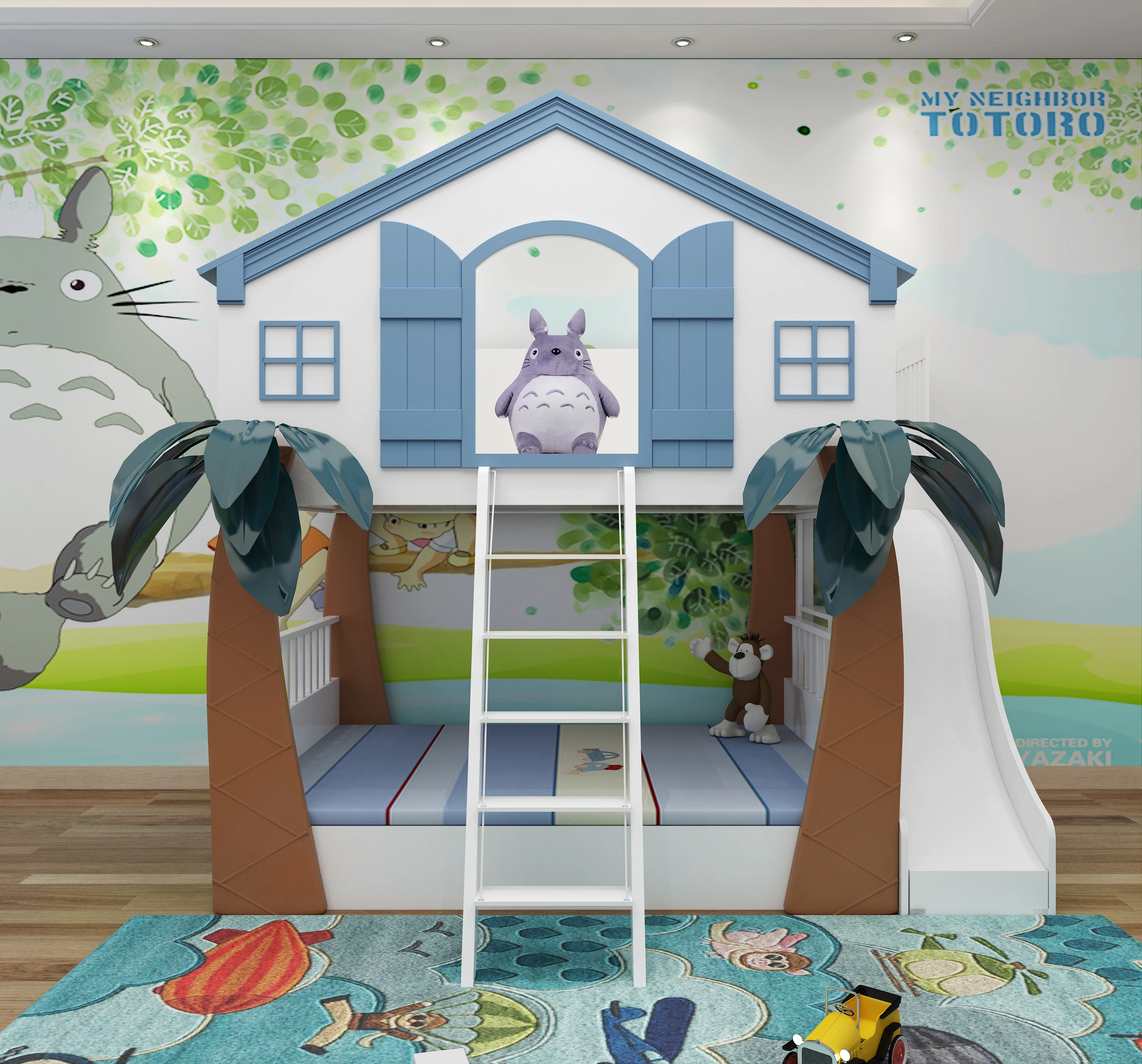 Modern Treehouse style kids up and down bed furniture pink solid wood kids bed Children bunk bed with Slide