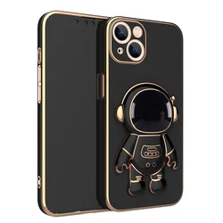 3D Cute Astronauts Luxury Gold Side Plating Silicone Phone Stand Holder Phone Case Cover for iPhone 11 12 13 14 Pro Max