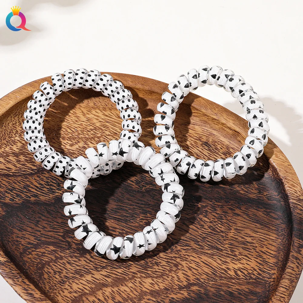 QIYUE black white spiral elastic hair tie telephone wire hair ring band ponytail holder