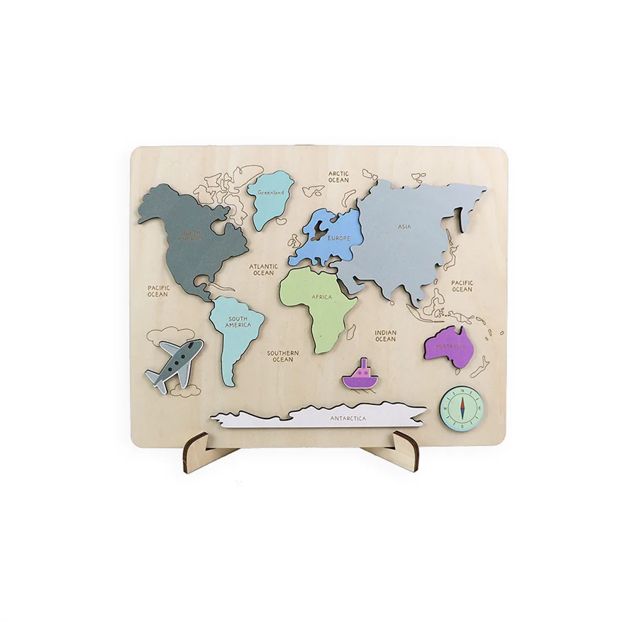 Best Selling Wooden Colorful World Map Puzzle Toy Wooden Desktop Craft Gift for Kids