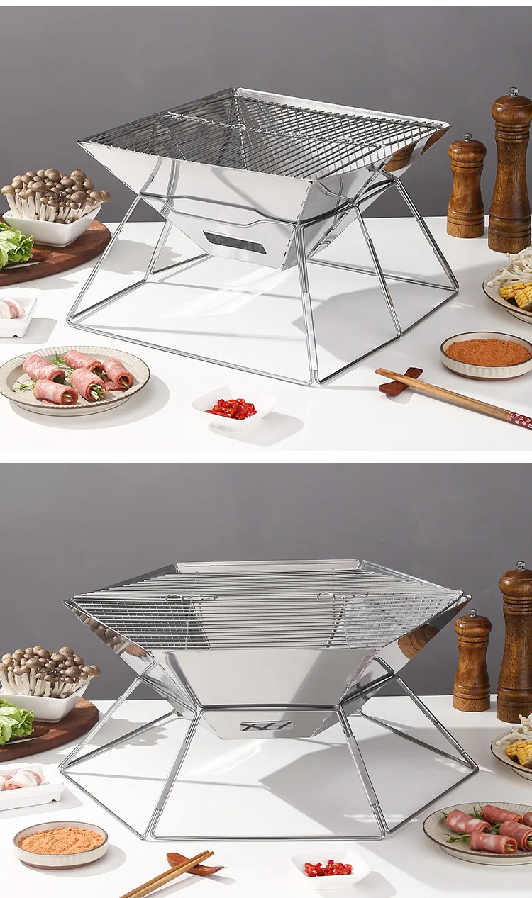 New Style Foldable Stainless Steel Barbecue Grill Wood Fireplace Folding Stove With BBQ Grill Mesh Fire Pit