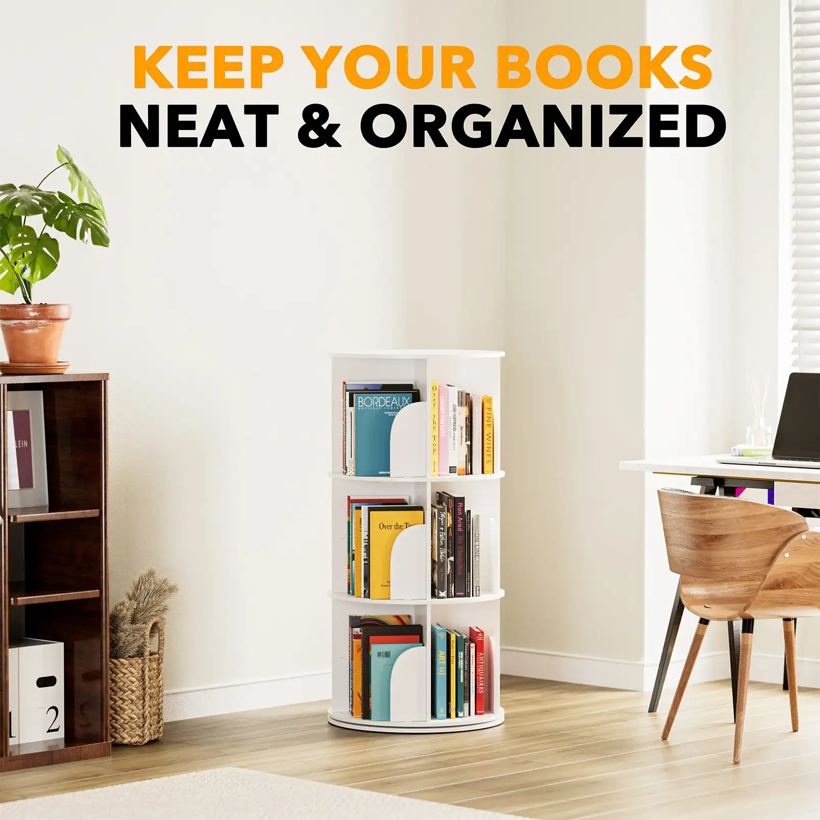 Rotating Bookshelf 360 Display 3 Tier Floor Standing Bookcase Storage Rack for Kids Adults PVC Bookshelf Organizer