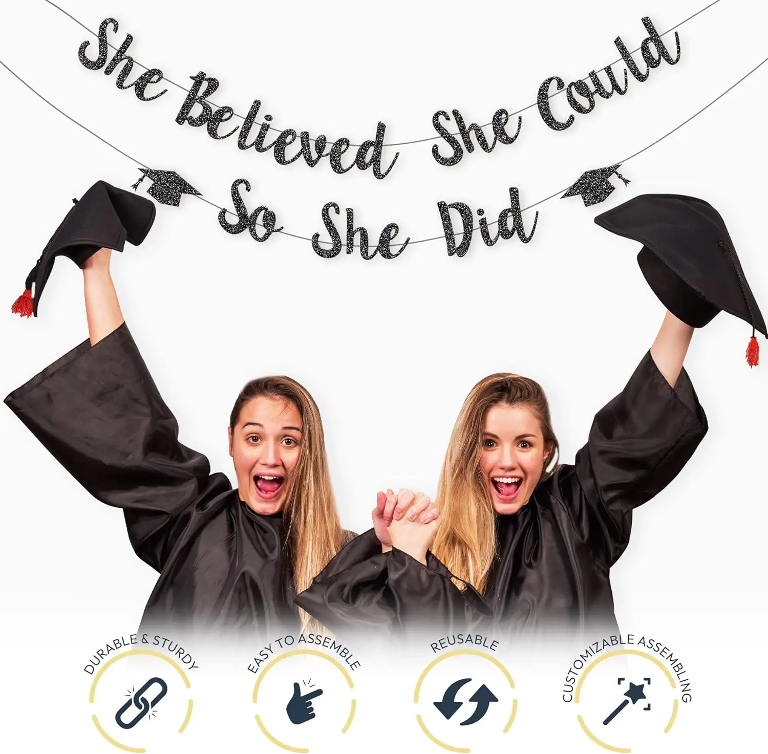 2024 She Believed She Could So She Did Black Paper Banner Graduation Banner for Girls Boys Graduation Party Supplies