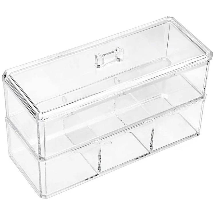 4 Compartments Acrylic Cotton Ball and Swab Holder Double Deck Makeup Storage Container with Lid Clear Pad Q-tip Organizer Case