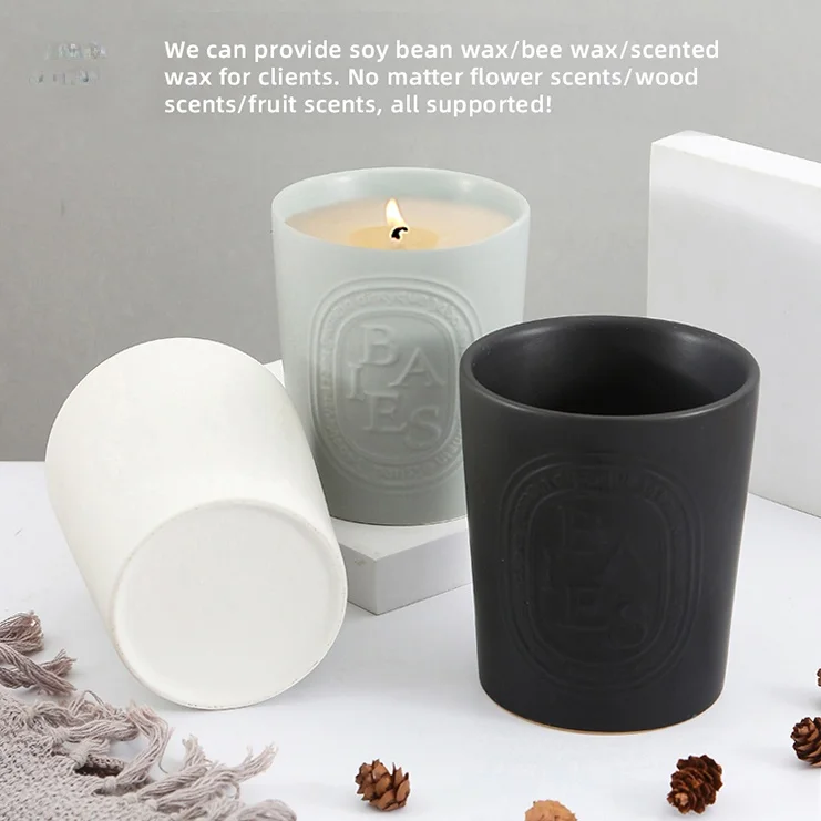 Wholesale Custom Eco Friendly Matte Embossed Logo Candle Vessels Container Large Empty Ceramic Candle Jar For Making Candles