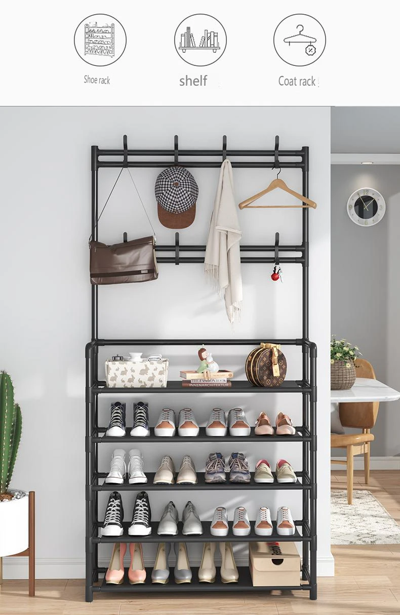 Shoe Rack Organizer 5 Tier for Closet Entryway Free Standing Metal Storage Shoe Shelf with Hooks, Stackable Boot & Shoe Storage