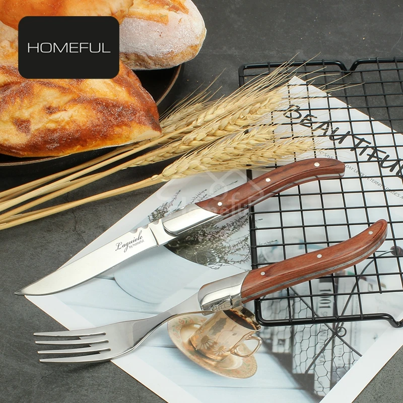 luxury pakka woodhandle stainless steel flatware set steak knife set with laguiole table steak knife fork