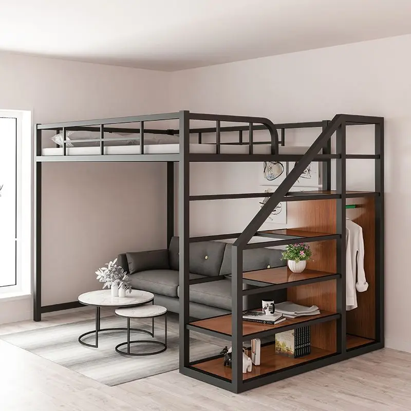 Minimalism small apartment second floor bed multifunctional wrought iron bed high and low assembly space-saving bed