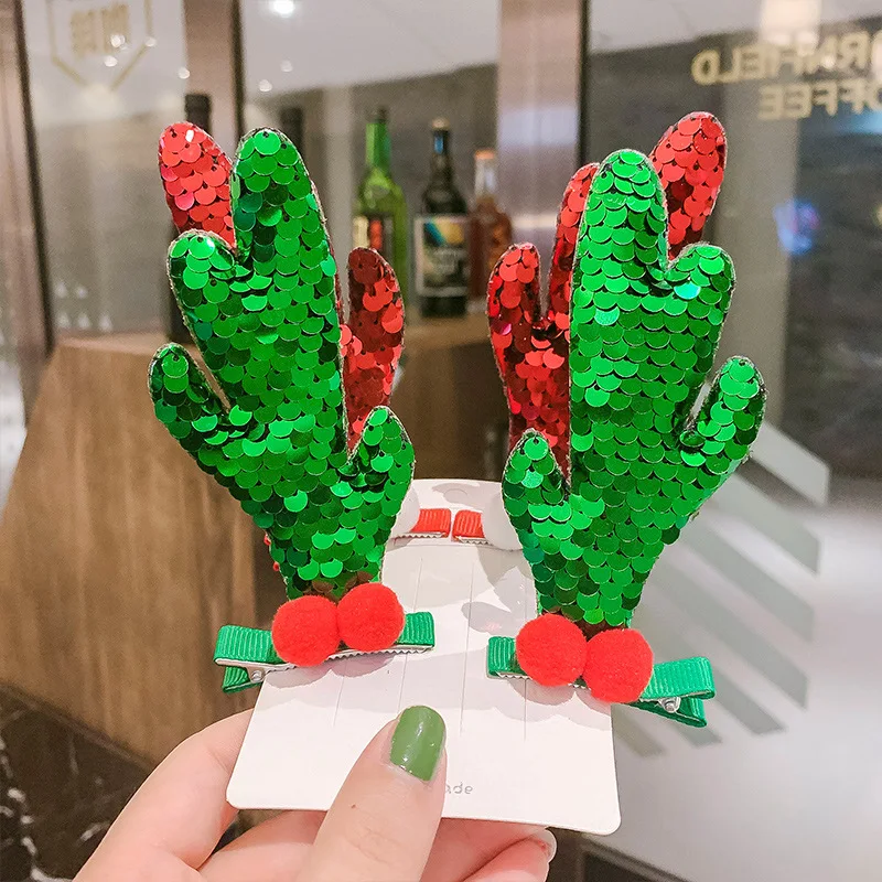 AOQI Custom Merry Christmas Hair Clip Glitter Sequins Deer Horn Antlers Tree Hairpins Lovely Ball Hair Clip Shiny Party Hair Snaps