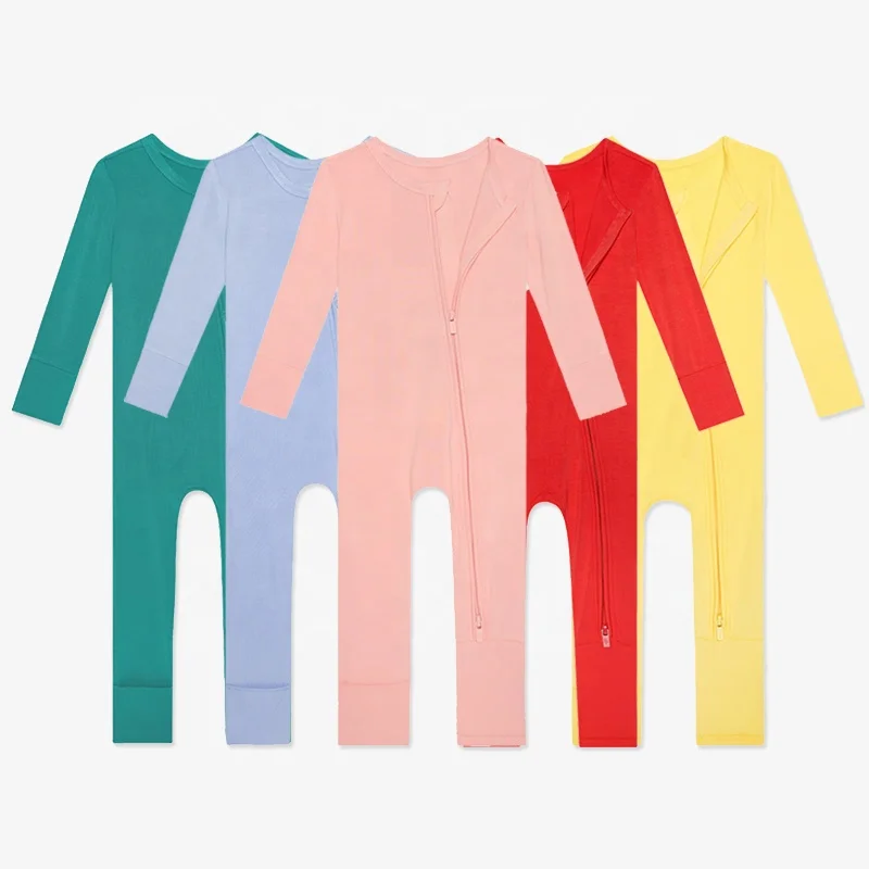 Custom winter Solid Bamboo Two Way Zipper Baby  long sleeve Romper Footie clothes newborn baby clothes baby pajamas