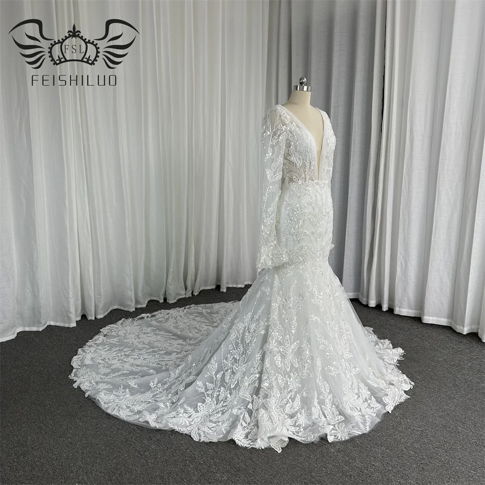FEISHILUO Luxury Bead Lace  Mermaid Wedding Dresses long Sleeves Ivory Bridal  Dress Gown Custom Made