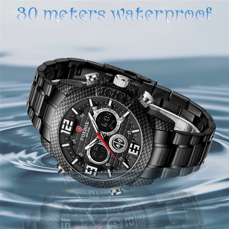 LIGE FOXBOX Men Luxury Wrist Watches Black Luxury Sports Chronograph Waterproof Digital Watches For Men