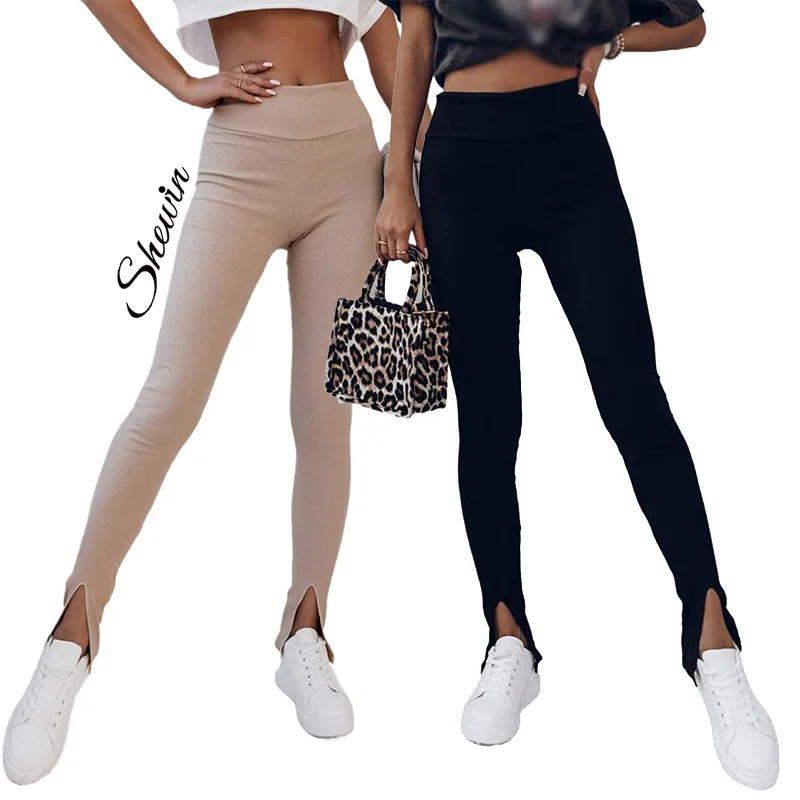 Custom Logo Solid Color Rib Knit High Waist Slit Winter Women Scrunch Butt Seamless Leggings