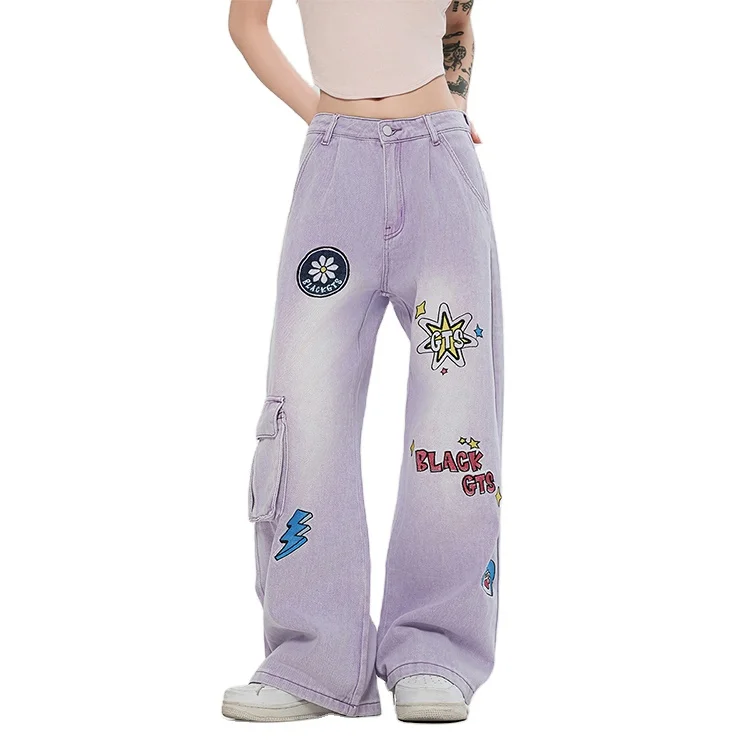 American design trendy brand jeans with graffiti print pink jeans straight leg cotton jeans with unisex