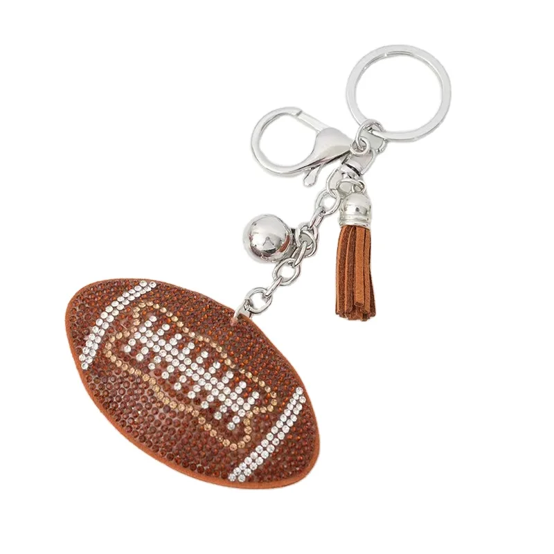 Promotional Diamond Bling Baseball Softball Leather Tassel Keychain Crystal Rhinestone Key Charm Ring Pendant Keychain