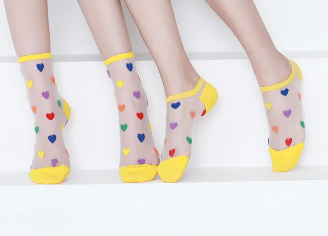 Womens summer thin sexy heart shape sheer socks lady polka dot transparent crystal short ankle spot silk socks