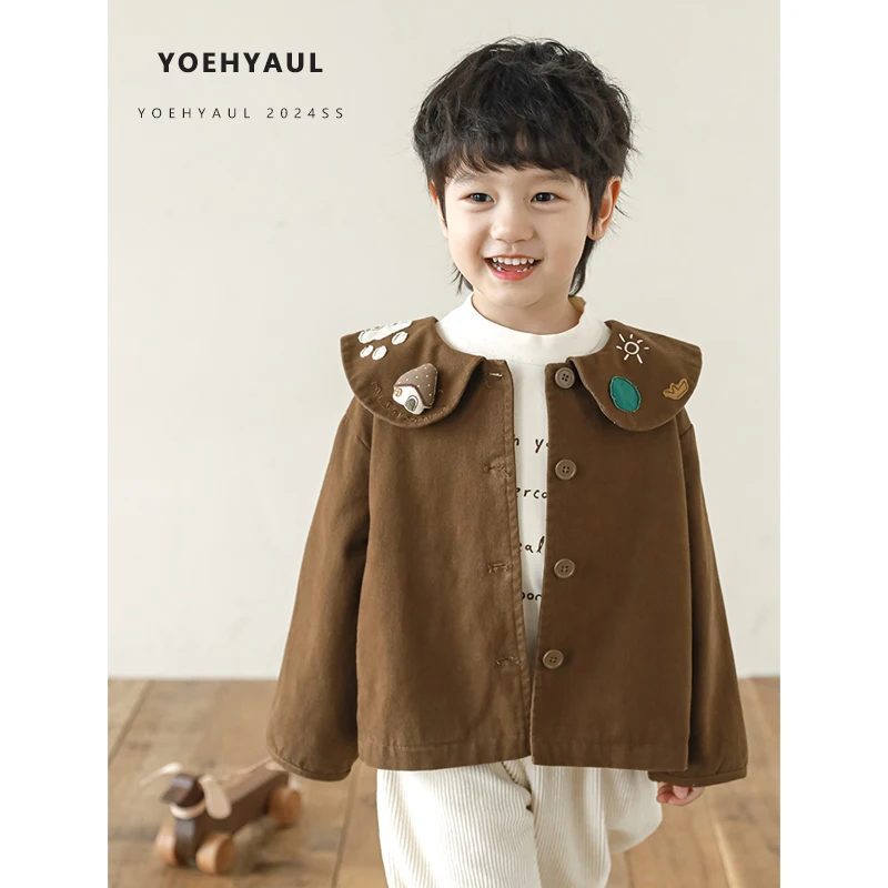YOEHYAUL N5505 Mushroom Series Cartoon Shirt and Coat 2 Piece Suits for Baby Boys Autumn Peter Pan Round Collar  Brown Jacket