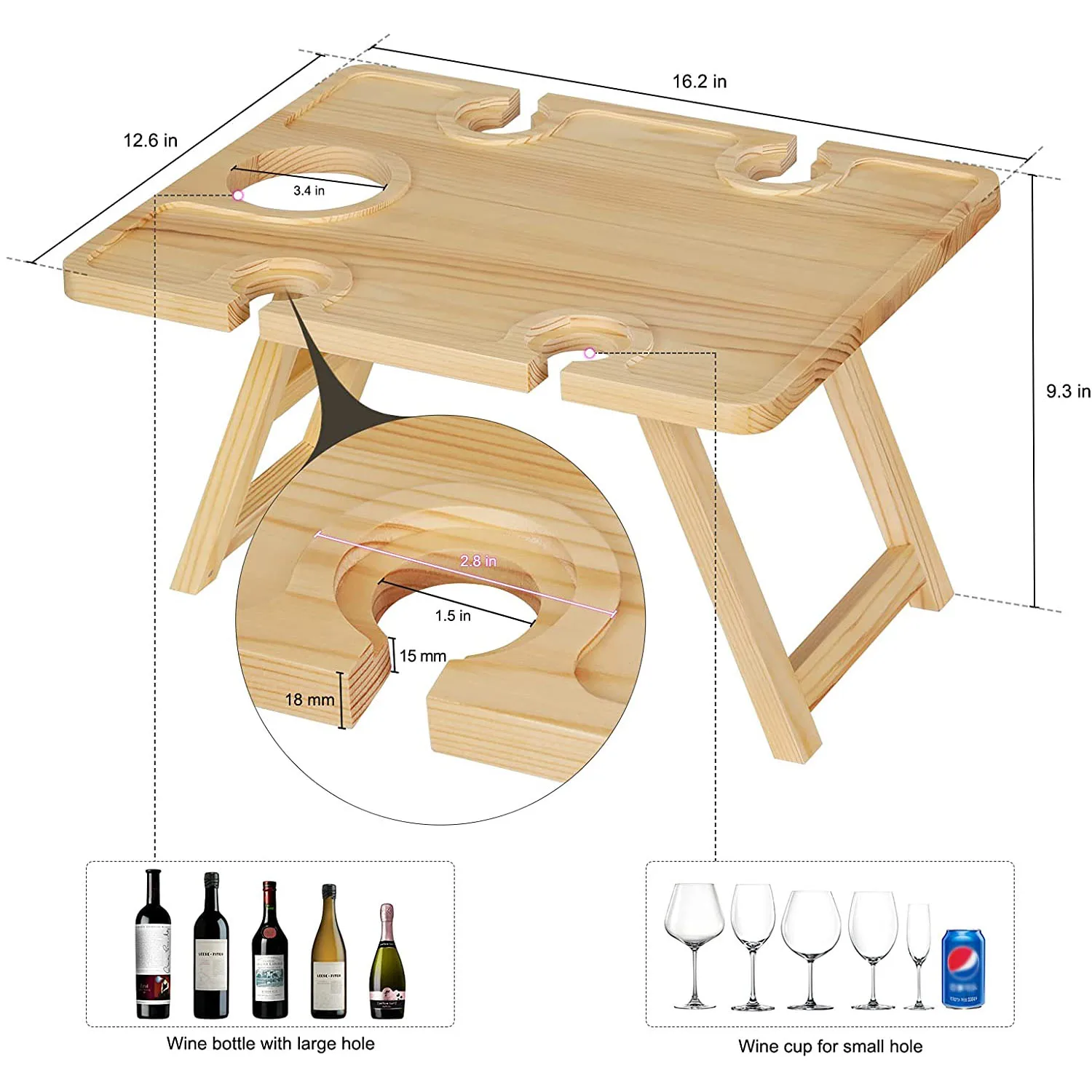 Outdoor Wooden Wine Tables Portable Folding Picnic Table Wine Holder for Concerts at Park, Beach, Ideal Wine Lover Gift