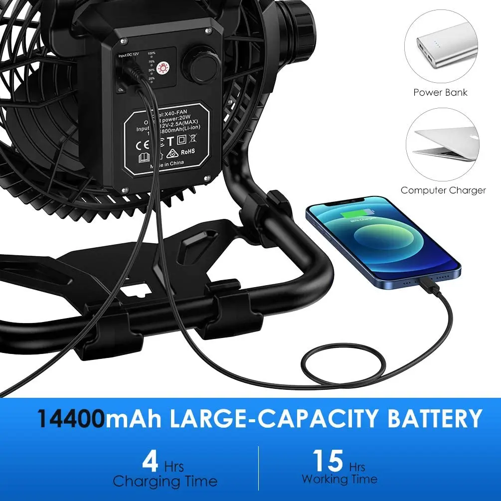 Outdoor Floor Fan with Light 14400mAh 12-Inch Large Battery Operated Powered Fan Portable Rechargeable Fan