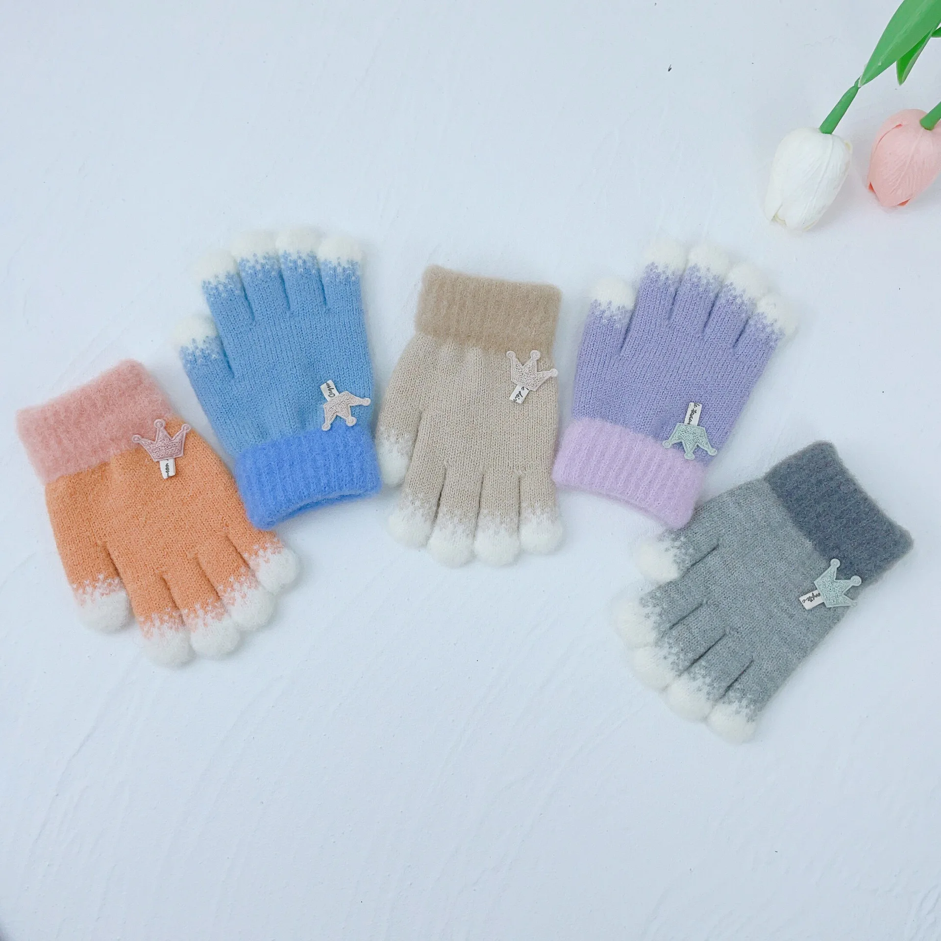 Custom Logo Winter Baby Finger Gloves Warm Thickened Child Soft Knitted Five-finger Gloves For 2-6 Years Old Boys Girls Gloves
