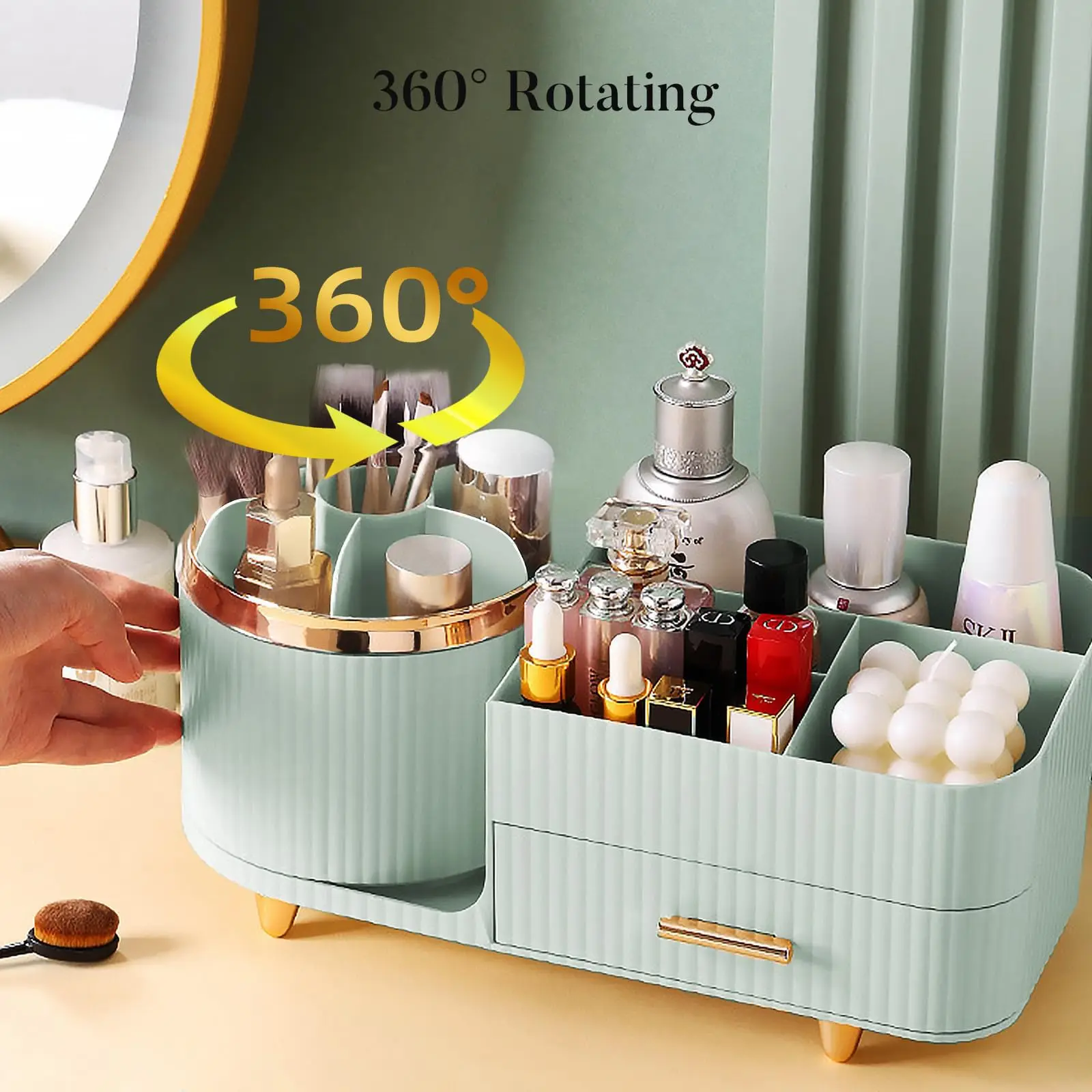 360° Rotating Makeup Organizer with Drawers Large Spinning Capacity Cosmetic Display Cases Bathroom Vanity Desktop Organizer