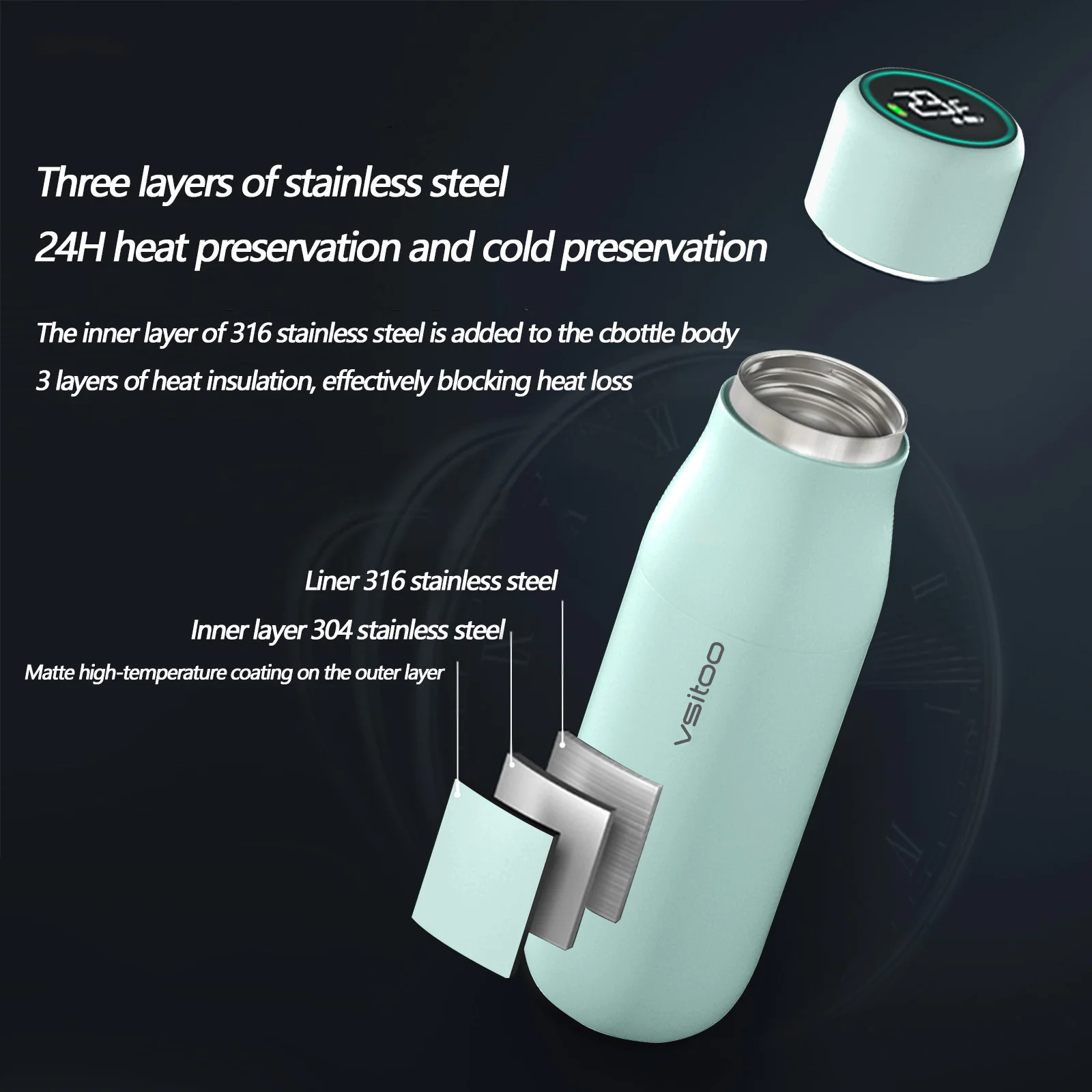 Customized smart vacuum flasks thermoses  Battery Powered Portable  Magnetic Charger Water quality Test Temperature Display