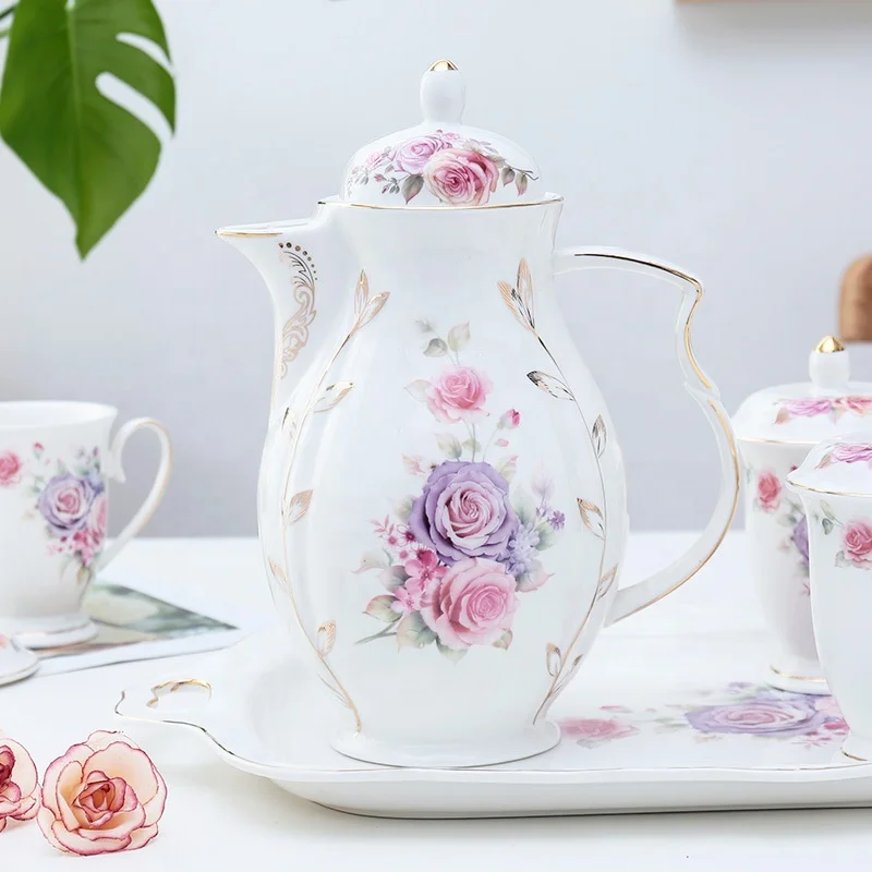 European 8 pcs Royal Luxury Coffee Set Flower Water Cup Teapot Vintage Kettle Party Wedding Gift Coffee & Tea Set