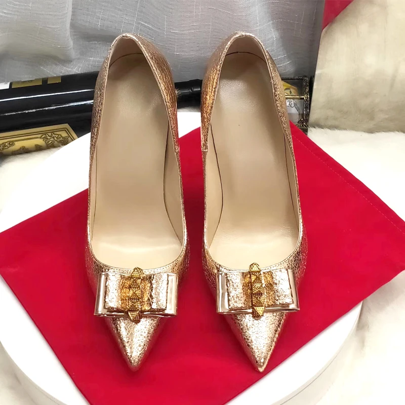 
Wholesale Gold Bow pointed toe Sexy High heels 8/10/12 cm Stiletto rivet studded pumps women shoes large size size 43 45 