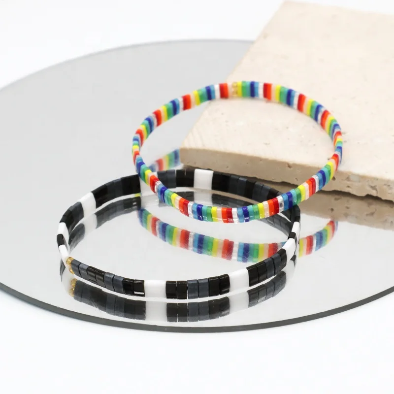 Wholesale Custom Colorful Miyuki Bracelet Jewelry Women Girl Gift Elastic Boho Flat Tila Tile Handmade Miyuki Seed Bead Bracelet