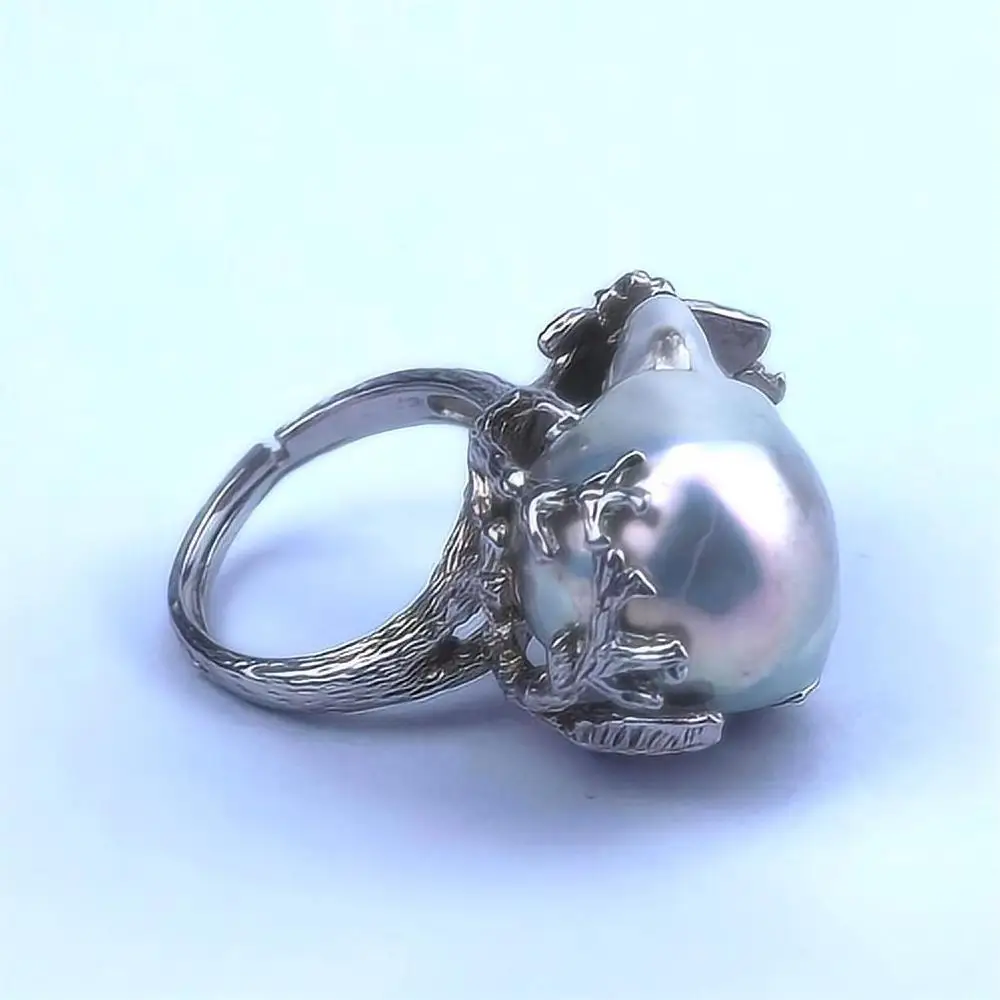 New Classic Design 17-20mm Natural Pearl Jewelry Gifts For Women S925 Sterling Silver Big Baroque 5A Aurora Pearl Rings