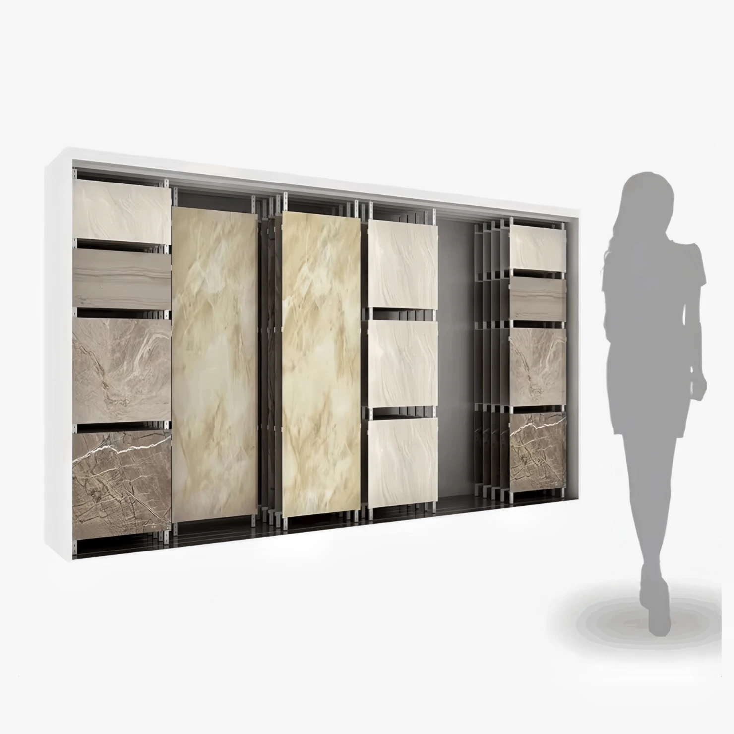 New style rack stone showroom standing flooring quartz display rack quartz slab roll out display sliding tile display rack