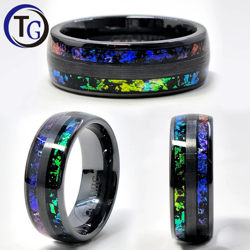 wholesale dropping 8mm Black Dome Triple Channel Meteorite Inlay Green Opal Inlay Space Nebula Galaxy Wedding Band Tungsten Ring